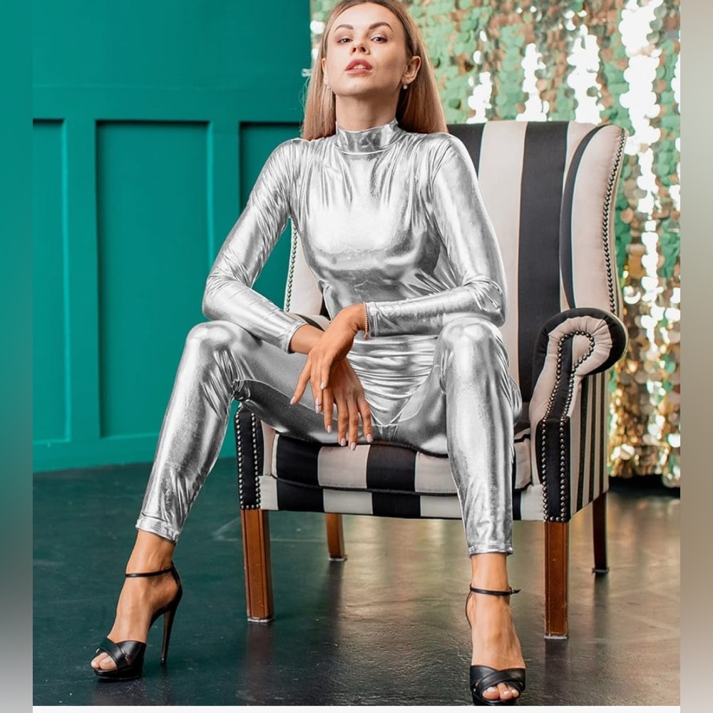 Kepblom Shiny Metallic Unitard Turtleneck Zentai Suit Catsuit Dancewear